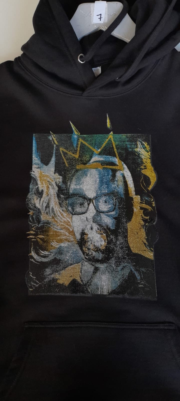 Black pullover hoodie featuring artistic blue and gold portrait print with crown graphic, LyndonFest Hoodie Black L (7) Apache Tribe Belfast