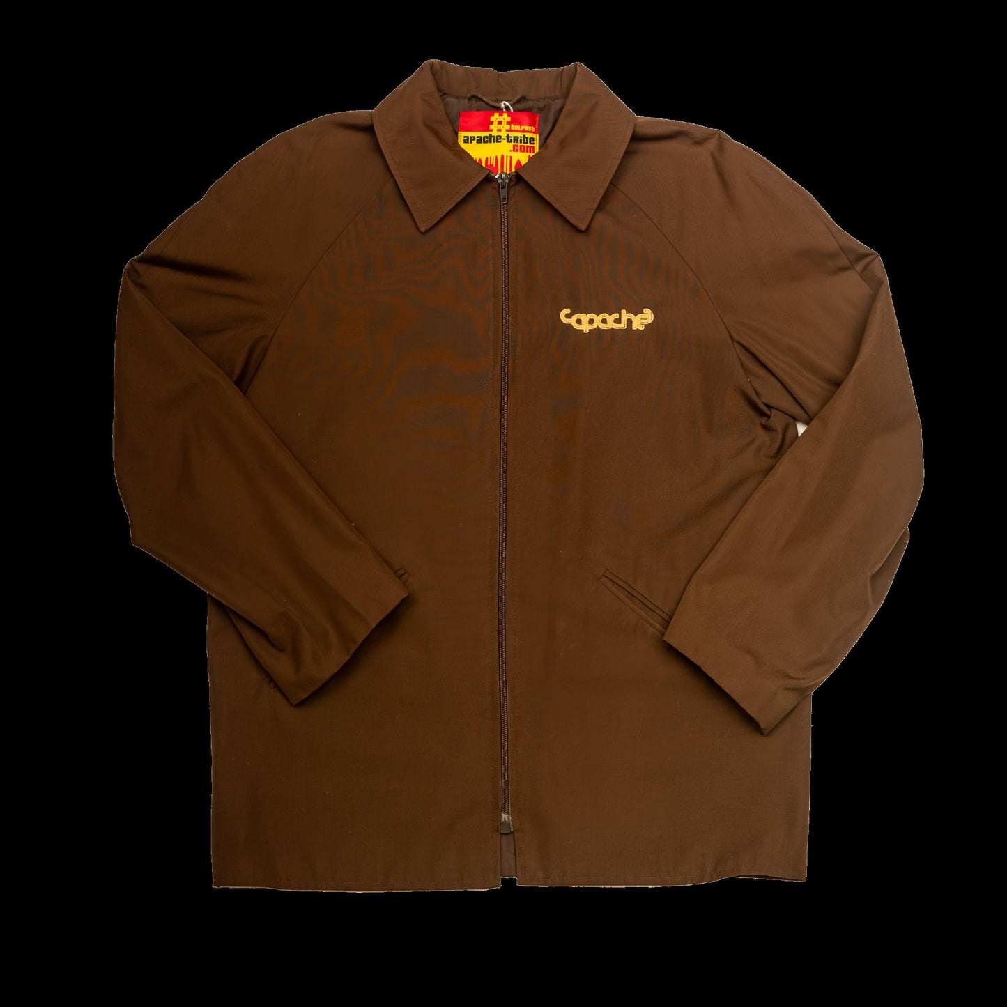 Brown zip-up jacket with gold Apache embroidered logo on left chest, collar detail, and red Apache Tribe Belfast label