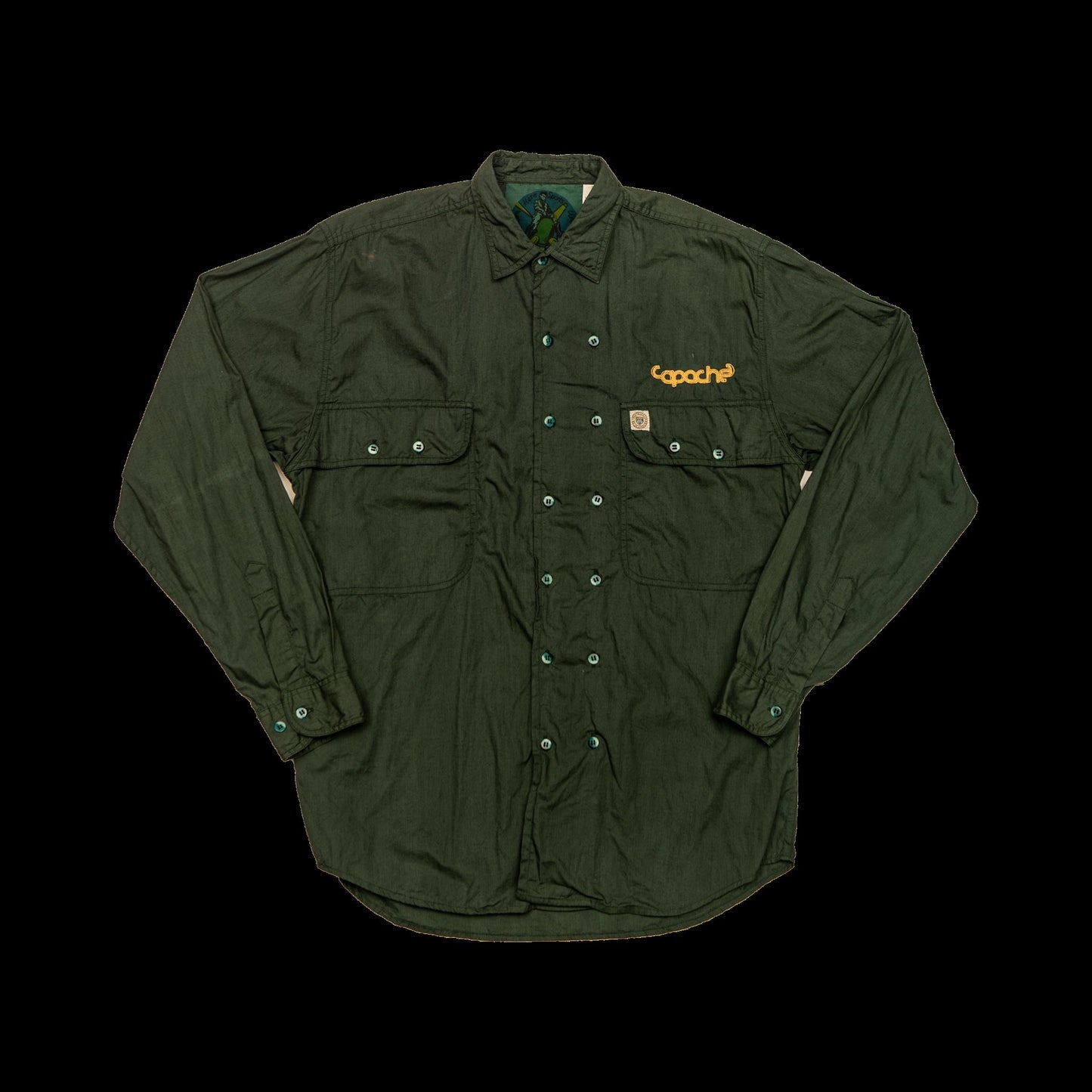 Apache Tribe Belfast 2 Button Green Shirt in olive green with orange Apache logo embroidery on chest and dual front pockets