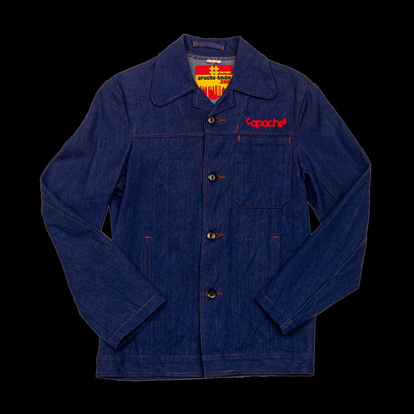 Dark indigo denim Apache Prison Officer Jacket with red Apache logo embroidery on chest pocket, orange contrast stitching, button front