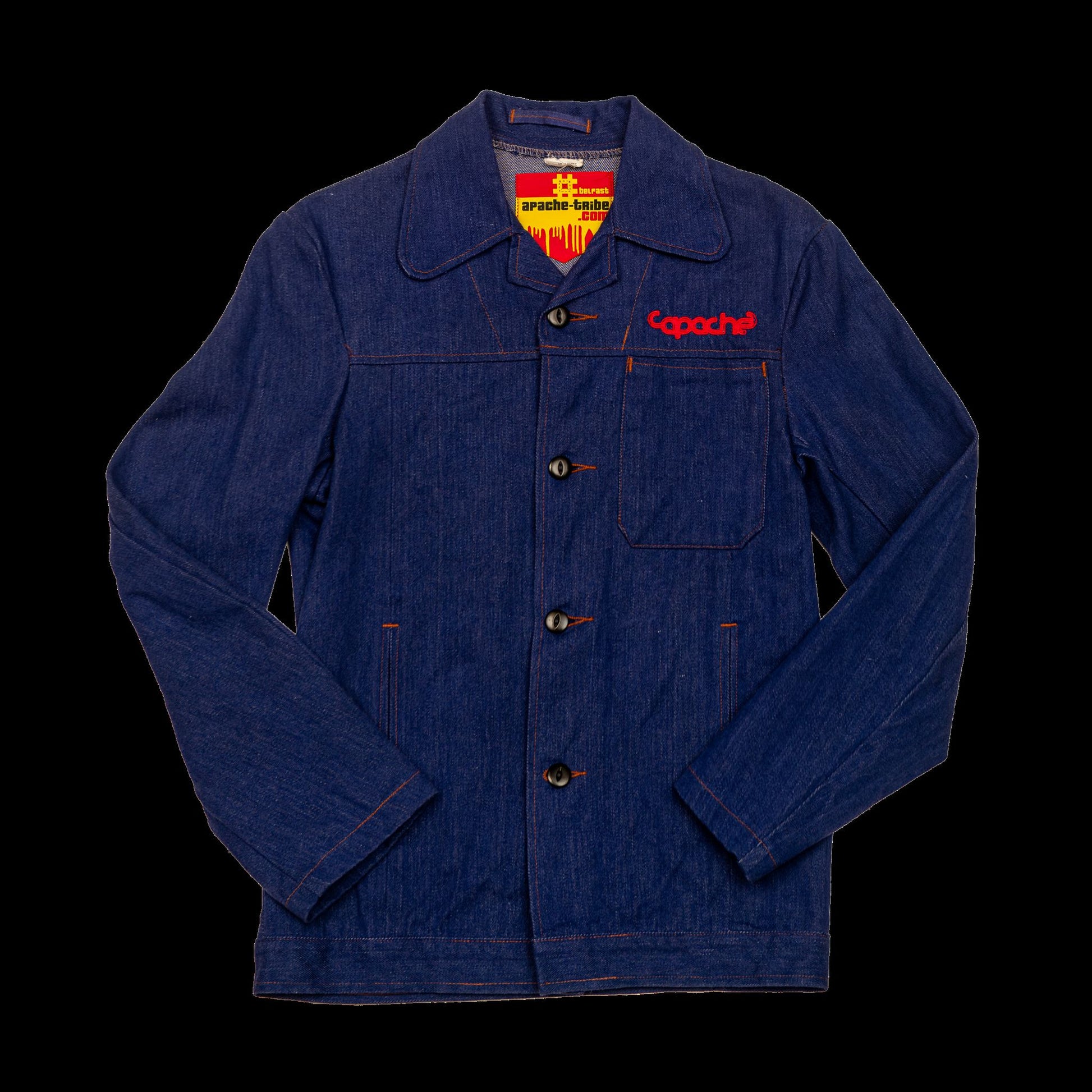 Dark indigo denim Apache Prison Officer Jacket with red Apache logo embroidery on chest pocket, orange contrast stitching, button front