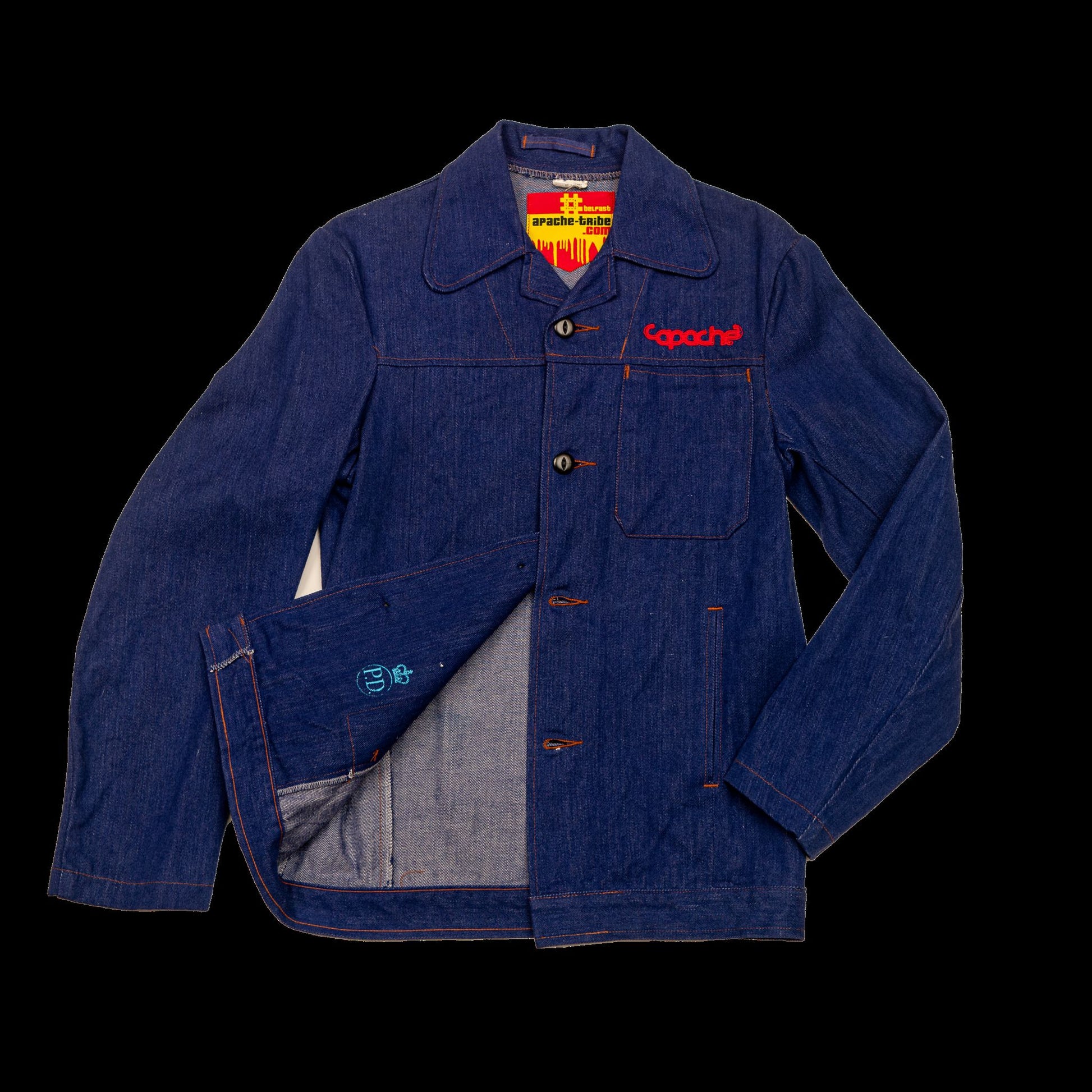Dark indigo raw denim Apache Prison Officer Jacket with red Apache embroidered logo on chest, orange contrast stitching, workwear style