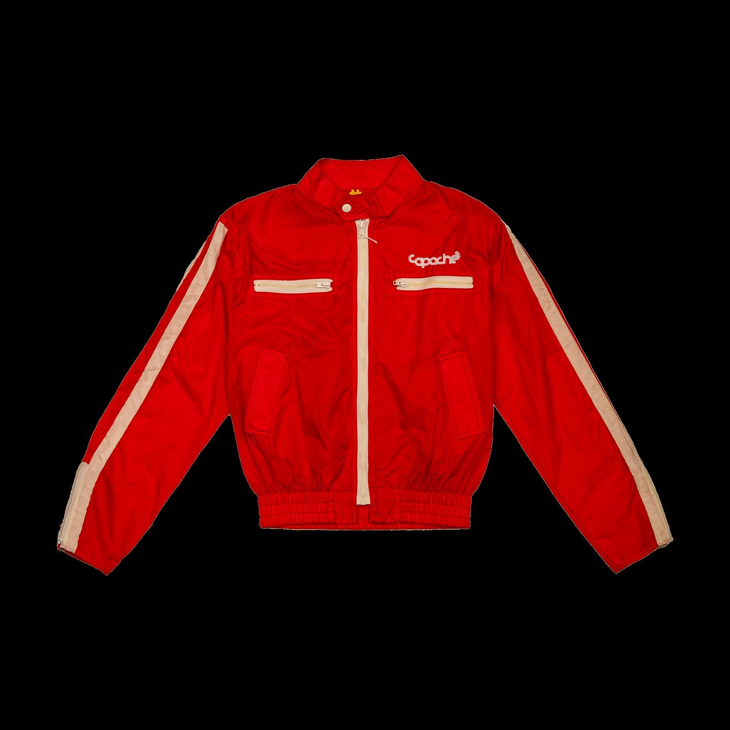 Red Track Jacket with white stripe detail on sleeves and zipper trim, Apache branding on chest, elastic waistband