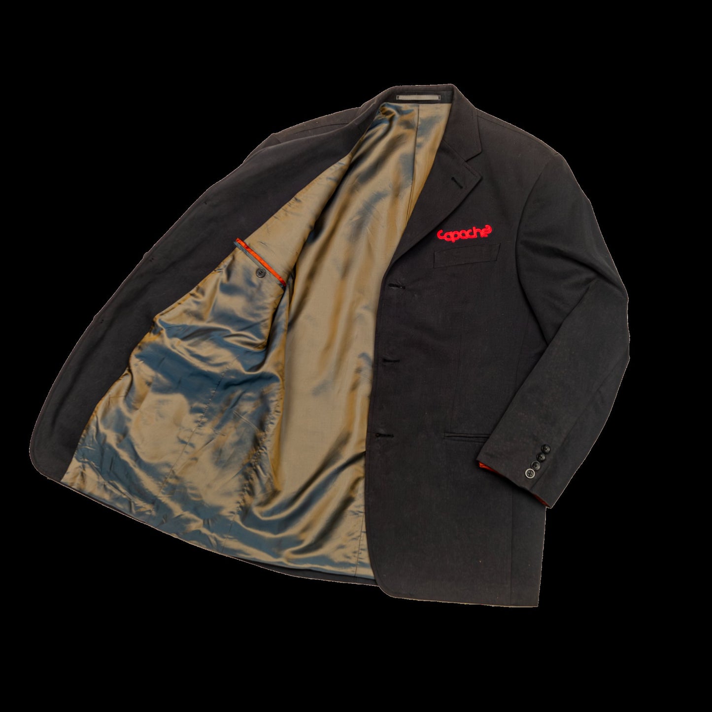 black vintage 3 button blazer, red apache logo
