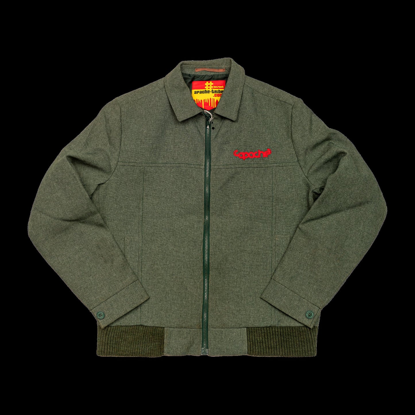 Olive green mens zip jacket with red Apache embroidered logo on chest, ribbed cuffs, and colorful Apache Tribe Belfast lining