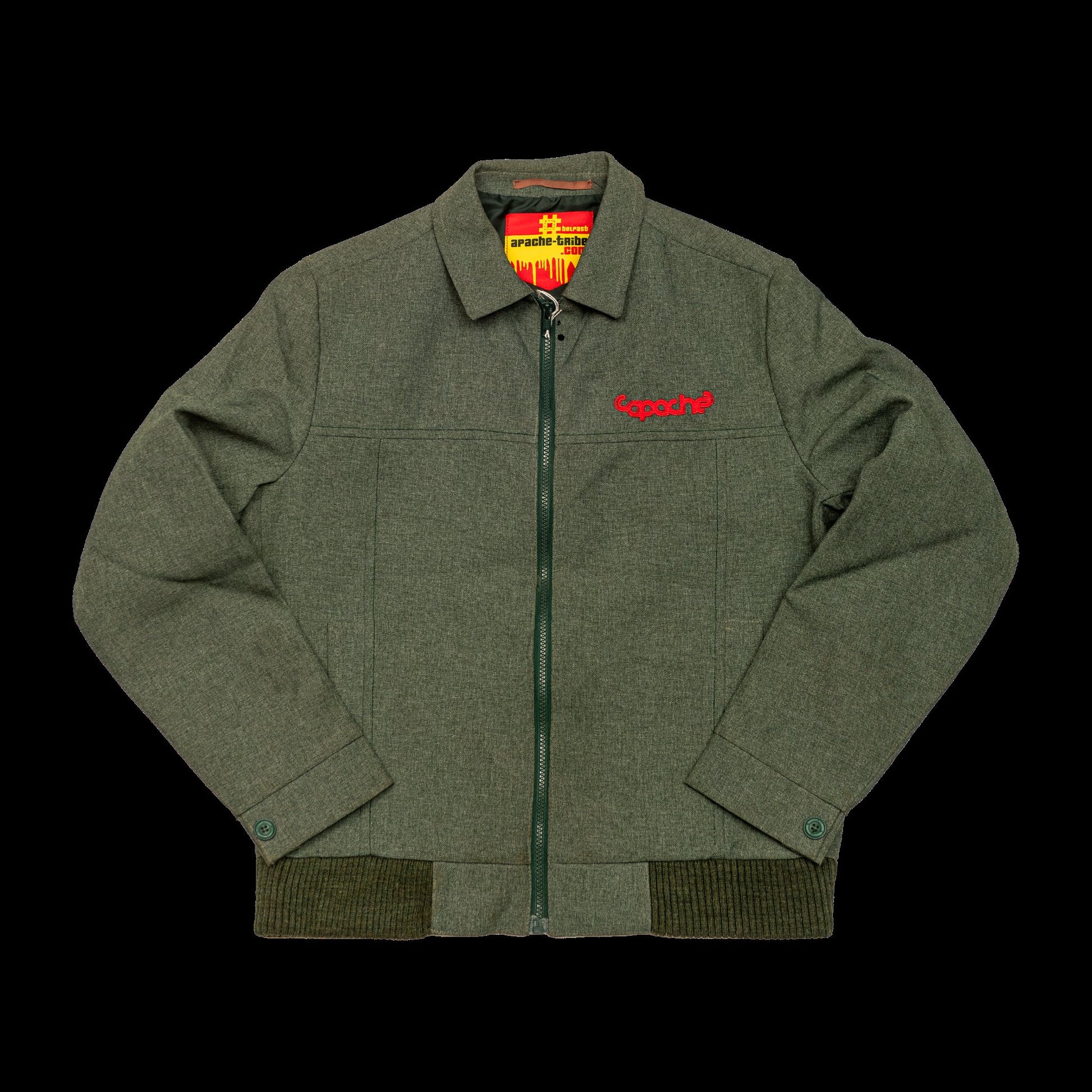 Olive green mens zip jacket with red Apache embroidered logo on chest, ribbed cuffs, and colorful Apache Tribe Belfast lining