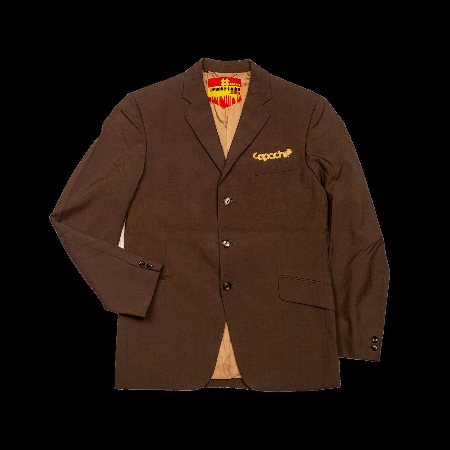 Brown single-breasted APACHE MEN'S BLAZER with gold Apache logo embroidery on chest, three-button front, tan lining