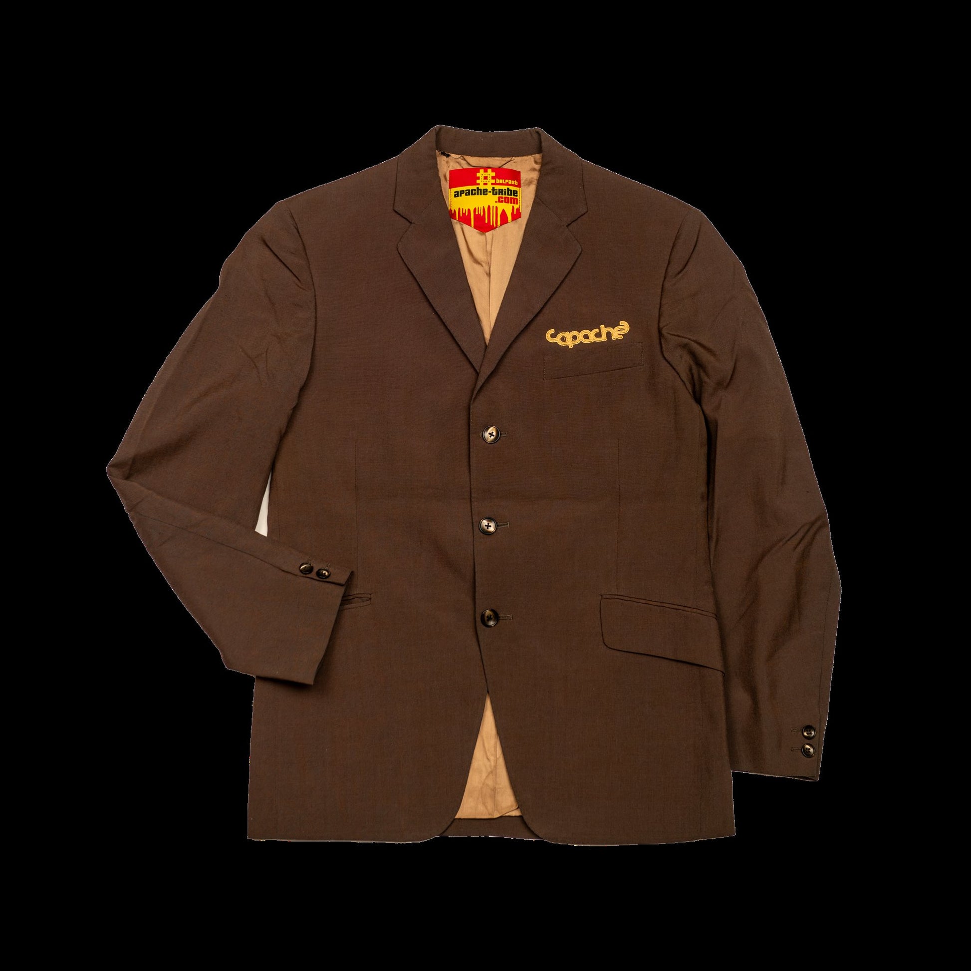 Brown single-breasted APACHE MEN'S BLAZER with gold Apache logo embroidery on chest, three-button front, tan lining