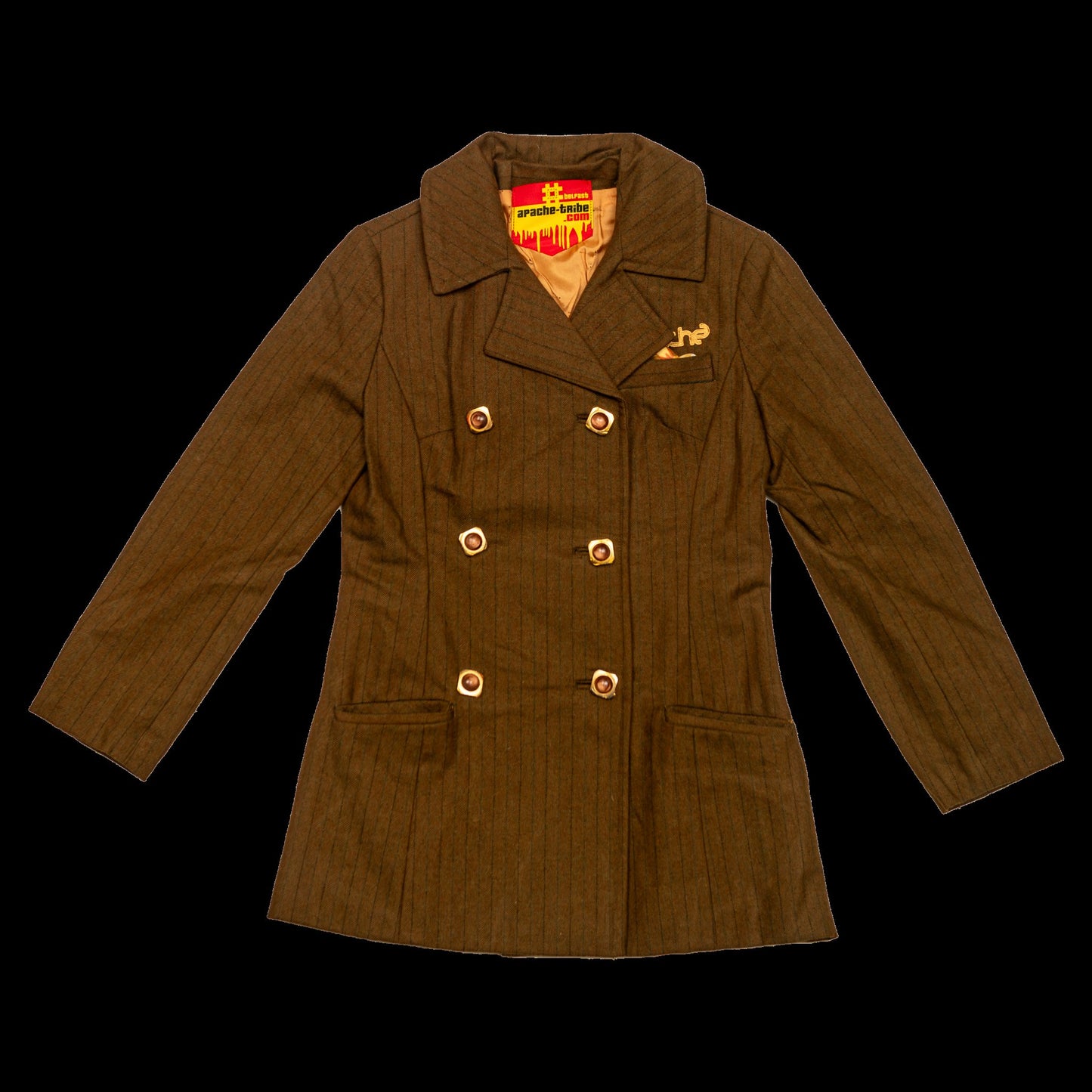 Brown pinstripe double-breasted tailored blazer with gold Apache embroidery detail on chest, satin lining, Apache Tribe Belfast