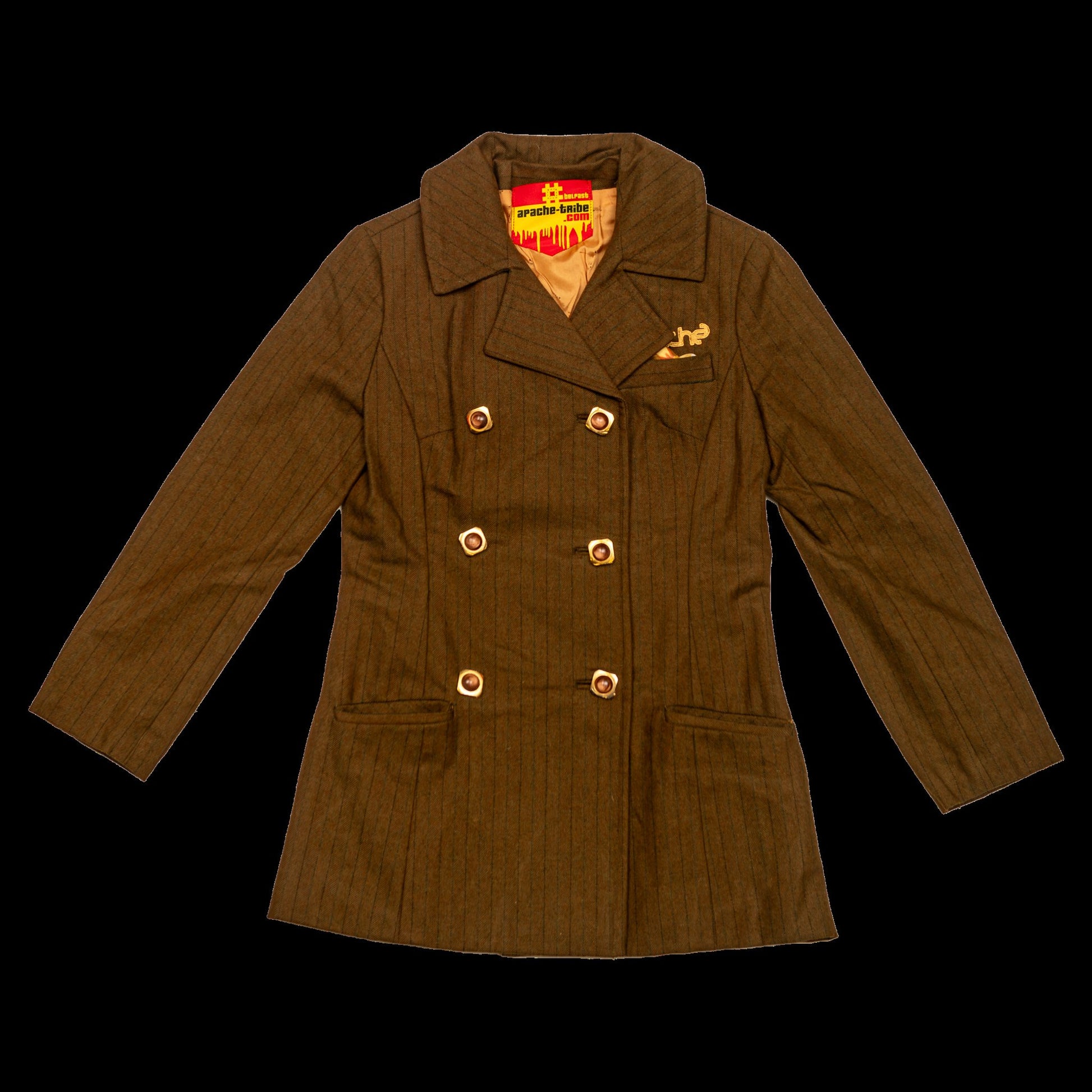 Brown pinstripe double-breasted tailored blazer with gold Apache embroidery detail on chest, satin lining, Apache Tribe Belfast