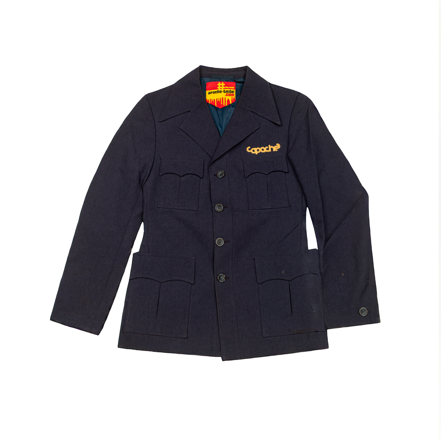 Blue Tailored Blazer – Gold Apache, navy blue four-pocket military style jacket with gold Apache logo embroidery on chest
