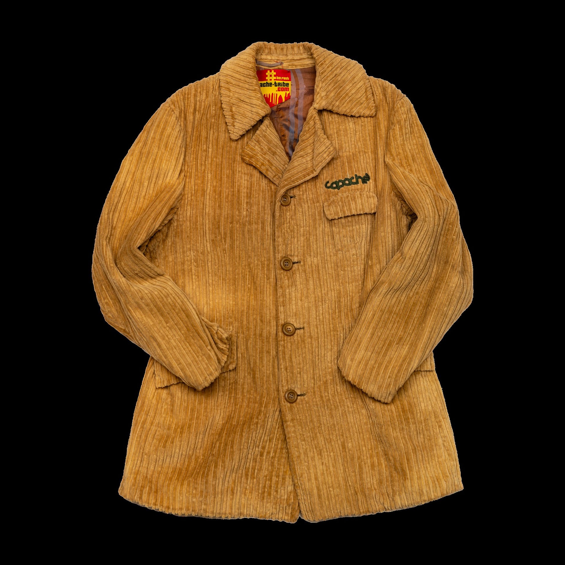 Tan corduroy Apache Cord Blazer with embroidered Capache logo on chest pocket, button front, by Apache Tribe Belfast