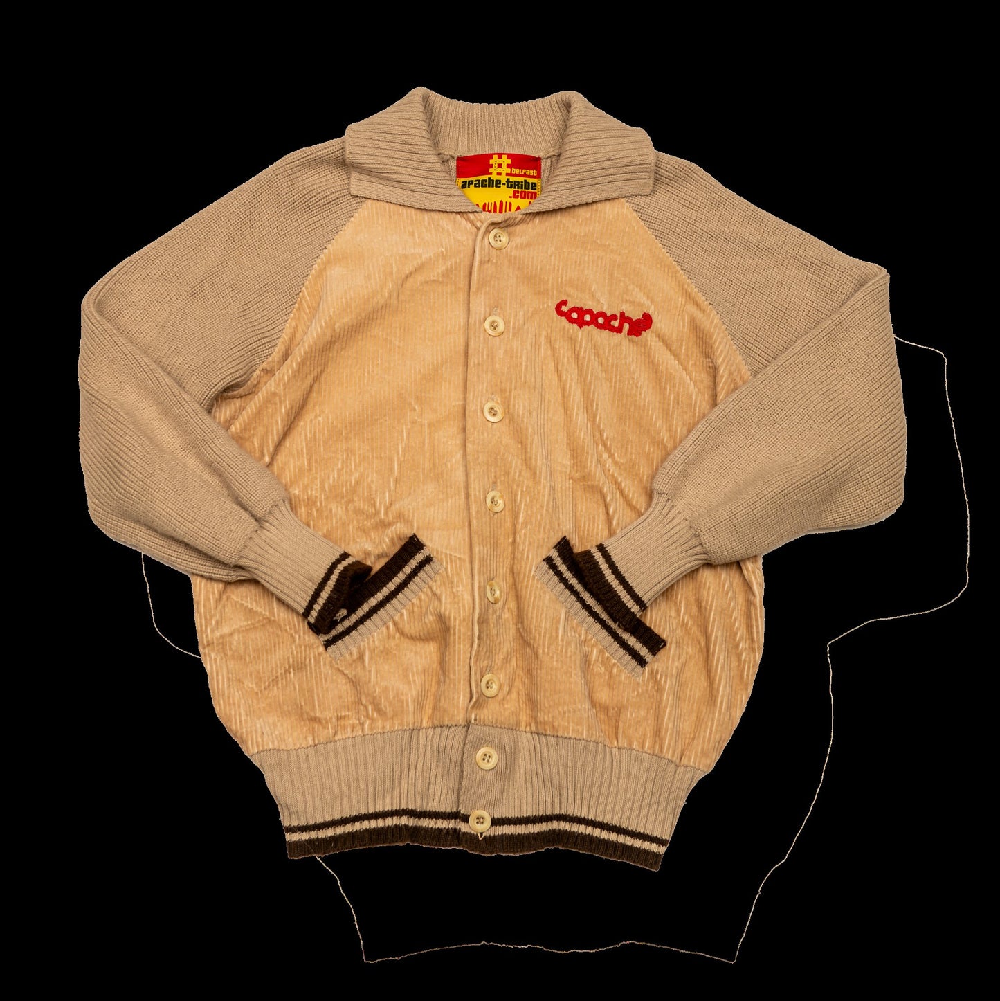 Apache Men's Cardigan in beige corduroy with knitted sleeves, button front, brown striped pocket trim and red Apache logo