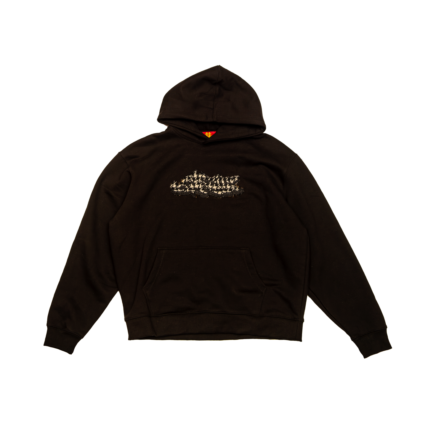 Black heavyweight hoodie with APACHE appliqué graphic featuring houndstooth pattern on chest, kangaroo pocket, red and yellow neck label