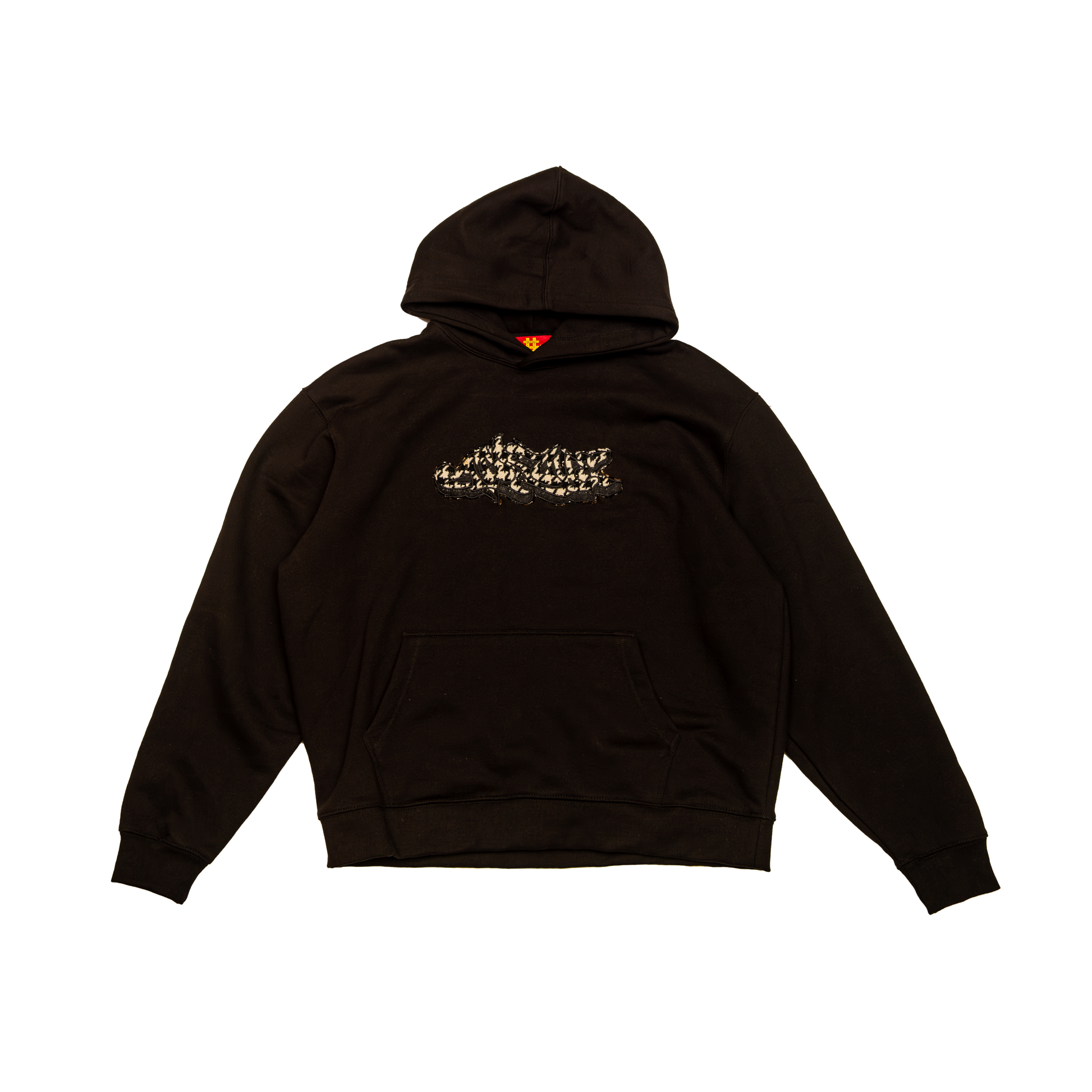Black heavyweight hoodie with APACHE appliqué graphic featuring houndstooth pattern on chest, kangaroo pocket, red and yellow neck label