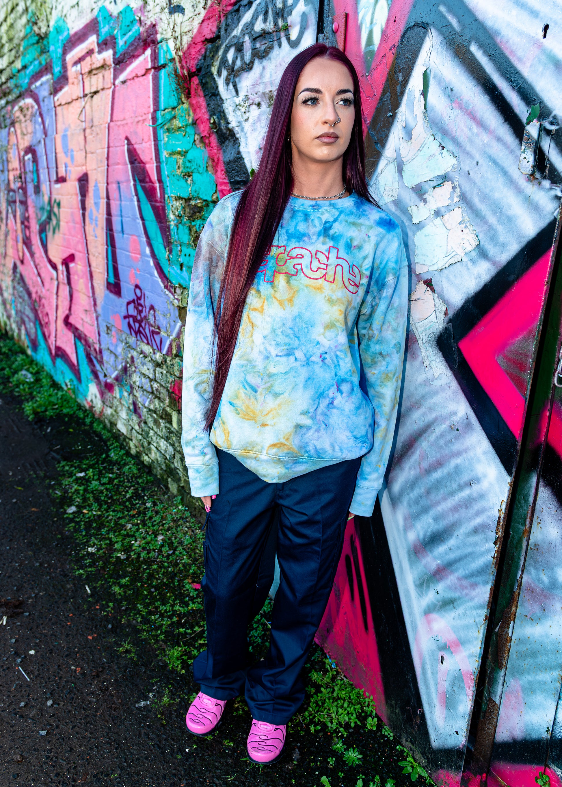 Apache Ice Dye Crewneck sweatshirt in blue yellow and white tie-dye pattern with red Apache logo on chest, streetwear style