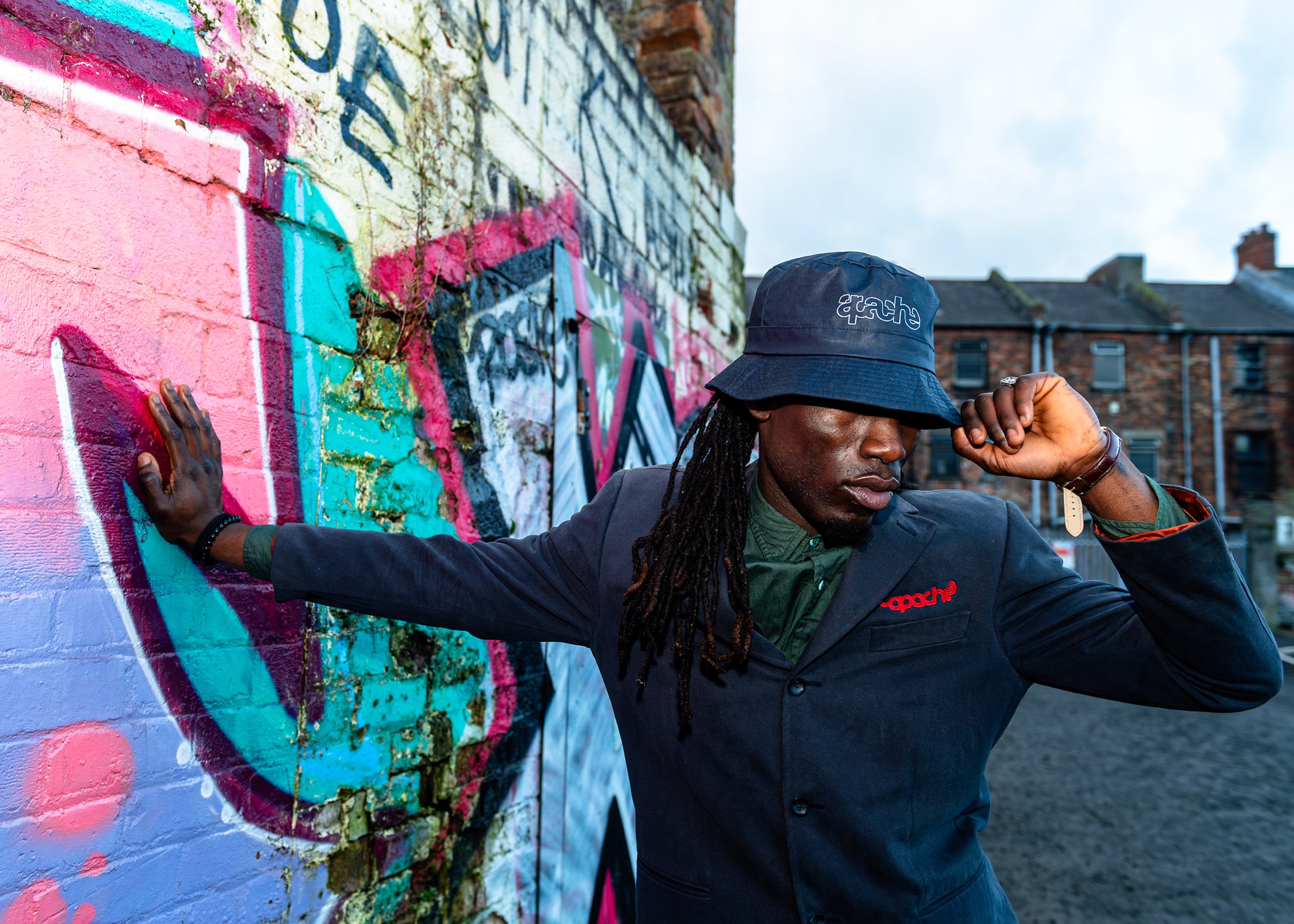 black vintage 3 button blazer, red apache logo, navy bucket hat