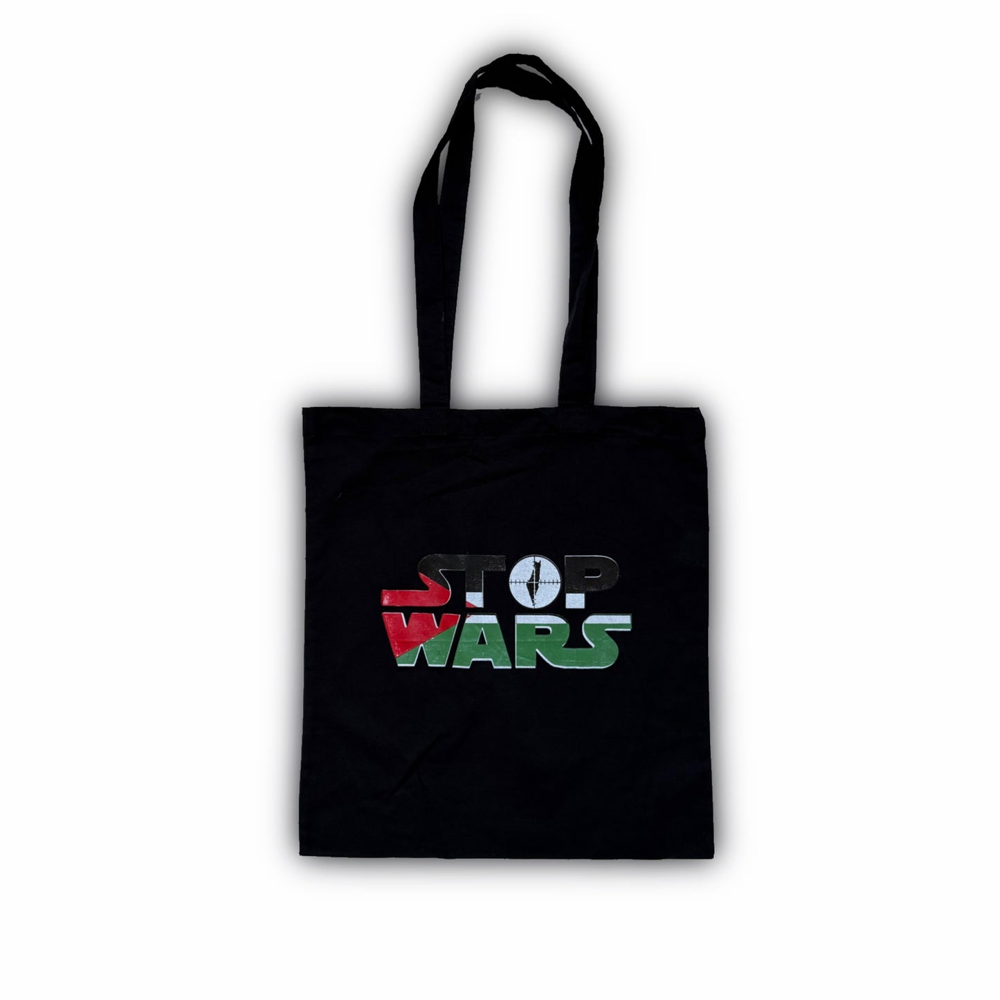 Black cotton tote bag with STOP WARS graphic in Palestinian flag colors red white green featuring map silhouette design