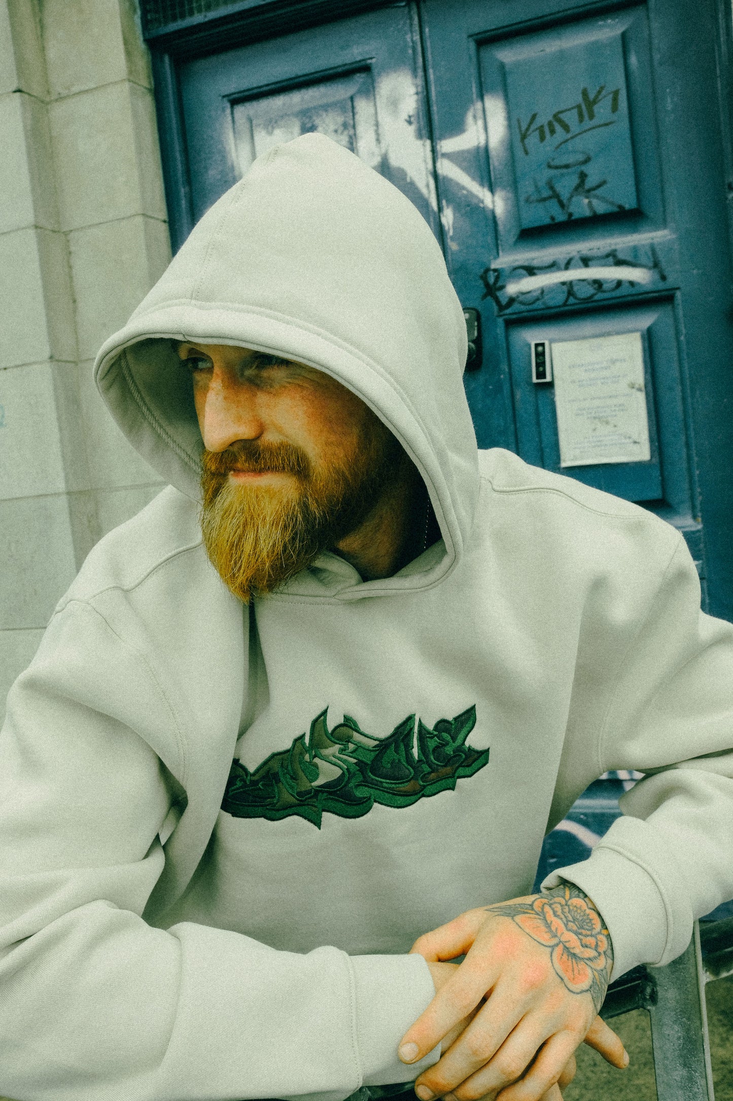 Cream hood w Irish paddy camo and green Apache Appliqué