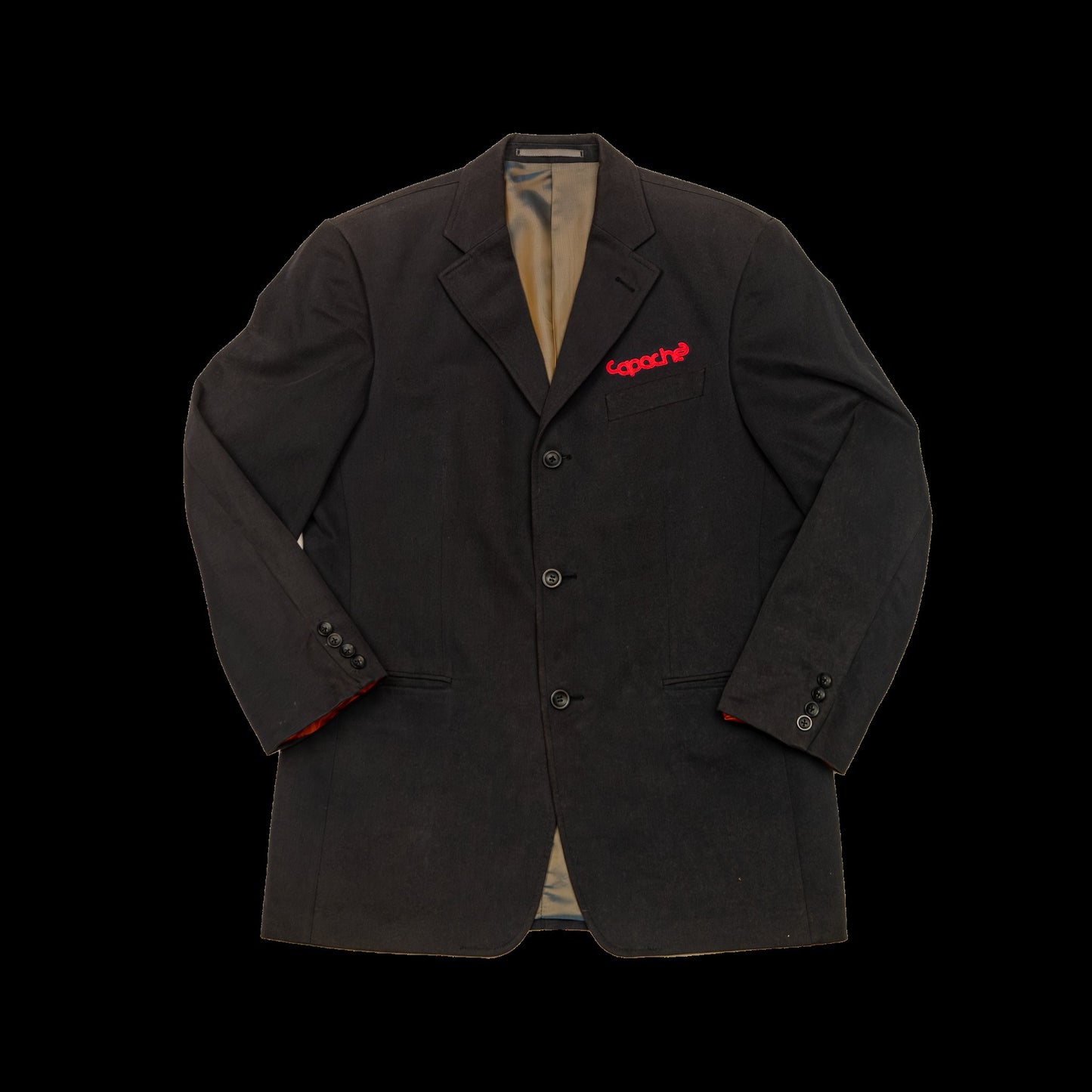 black vintage 3 button blazer, red apache logo