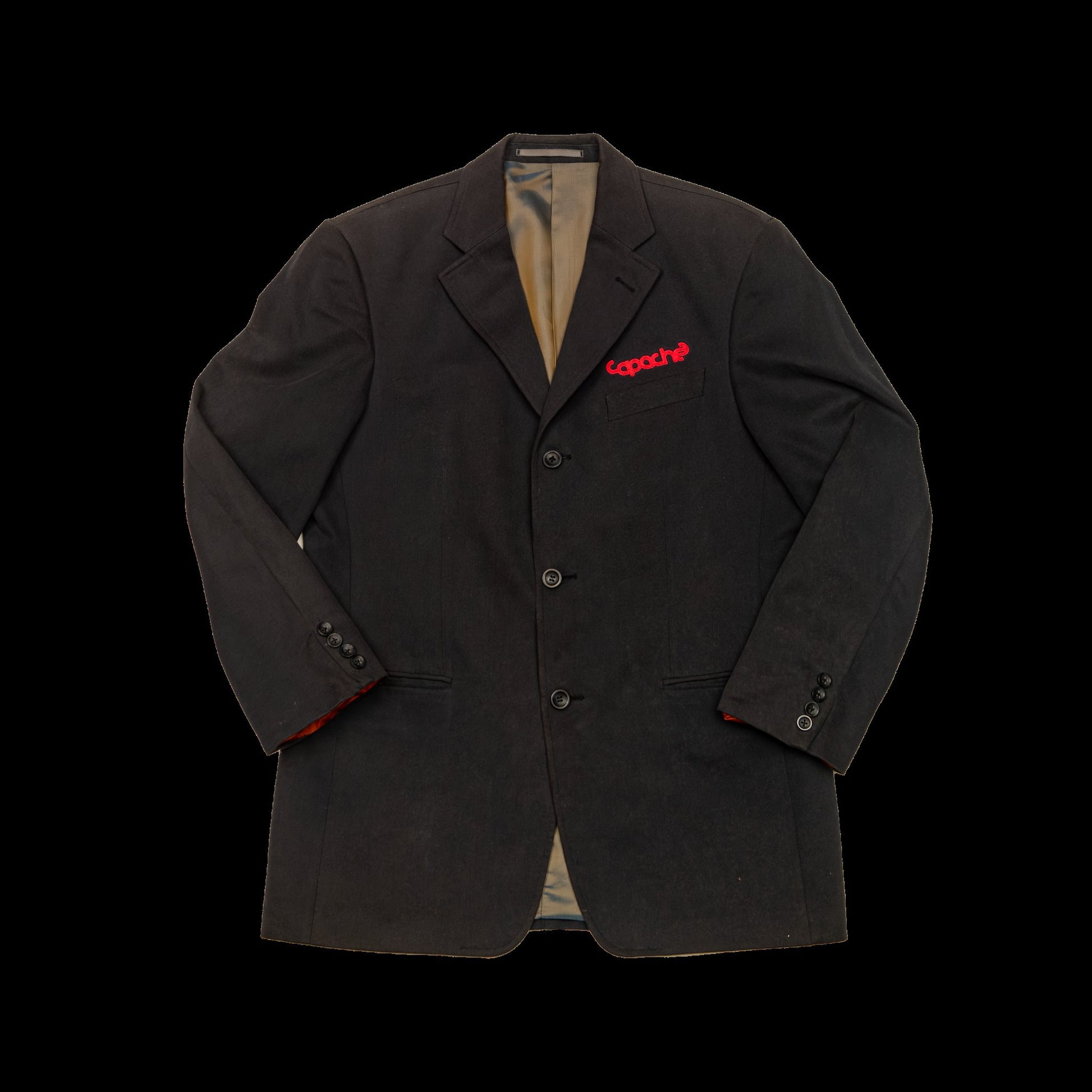 black vintage 3 button blazer, red apache logo
